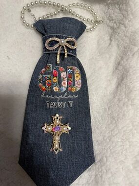 Denim Statement Necklace Tie with Floral "GOD" Graphic